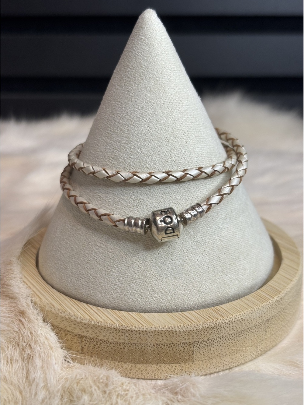 Pandora White Braided Leather Bracelet with Silver Clasp Size 6.25
